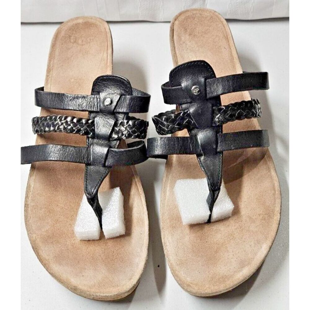 UGG Layback sandals women Sz 10 Thong slide black leather Shearling‎ lined